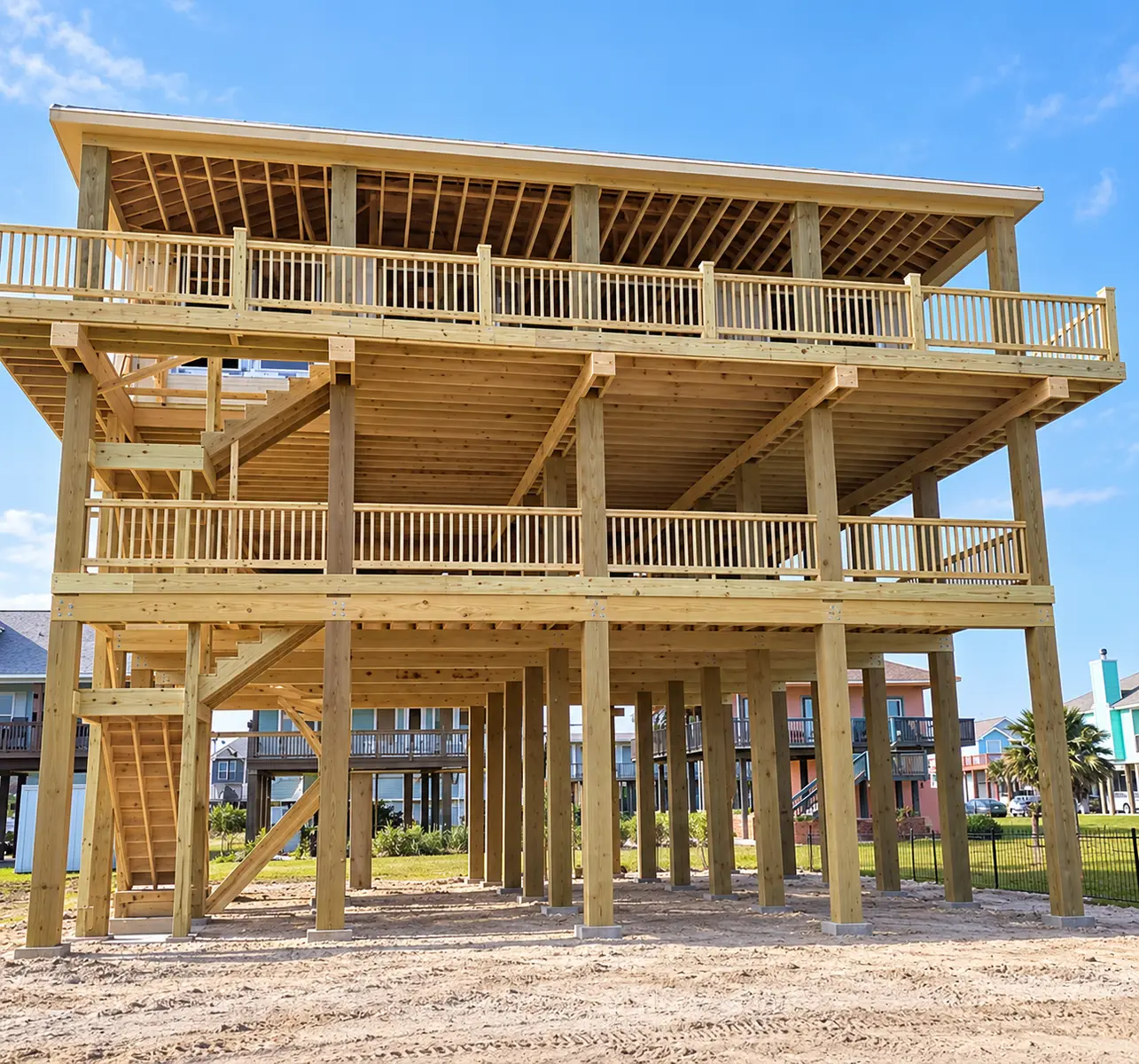 Elevated custom home framing and decks · Work in progress · Galveston Tx